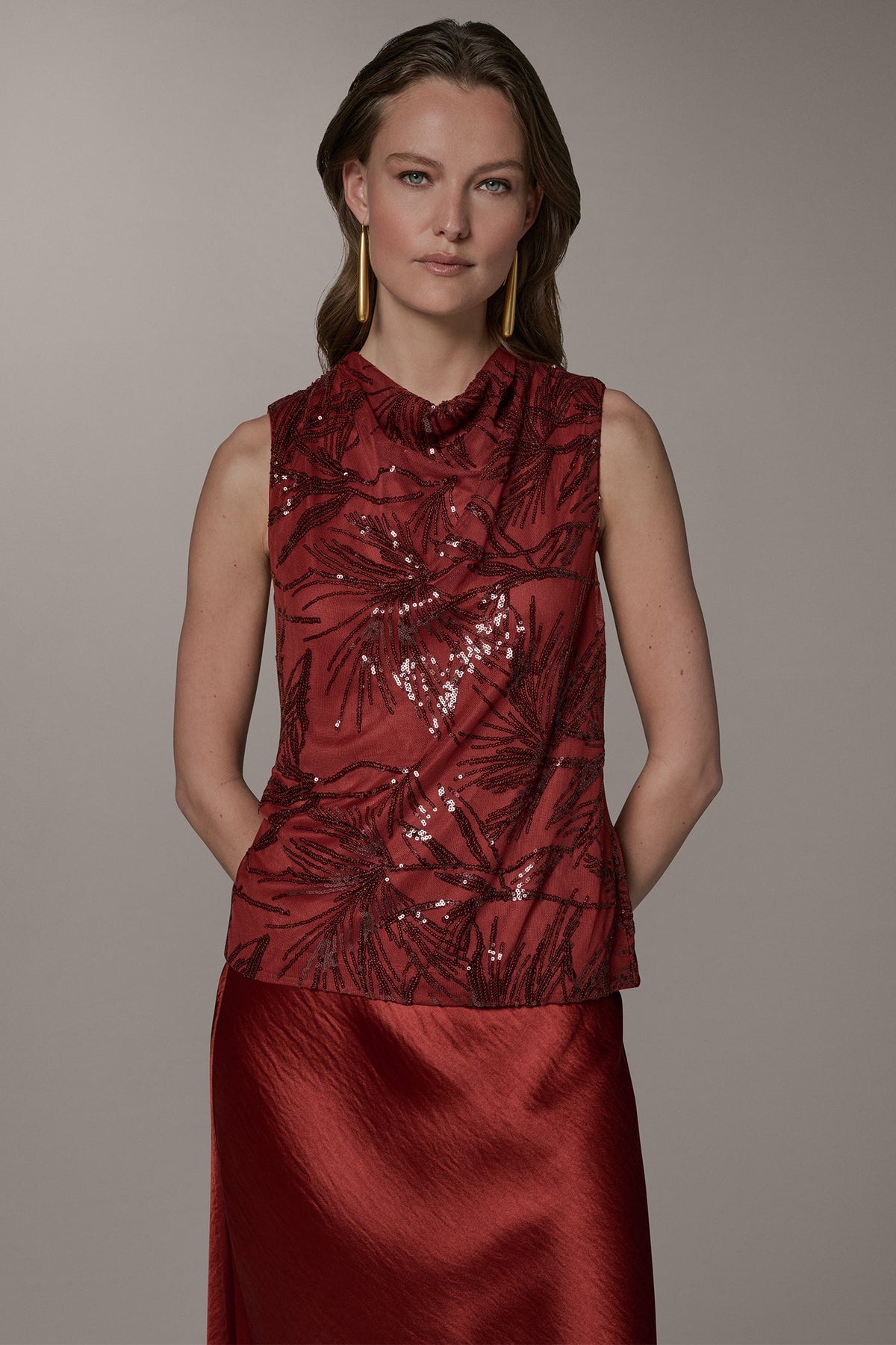 Donna Karan SLEEVELESS COWL NECK SEQUIN BLOUSE