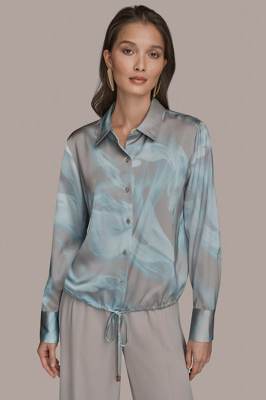 Donna Karan LONG-SLEEVE PRINTED DRAWSTRING BLOUSE