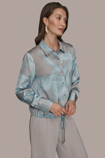 Donna Karan LONG-SLEEVE PRINTED DRAWSTRING BLOUSE