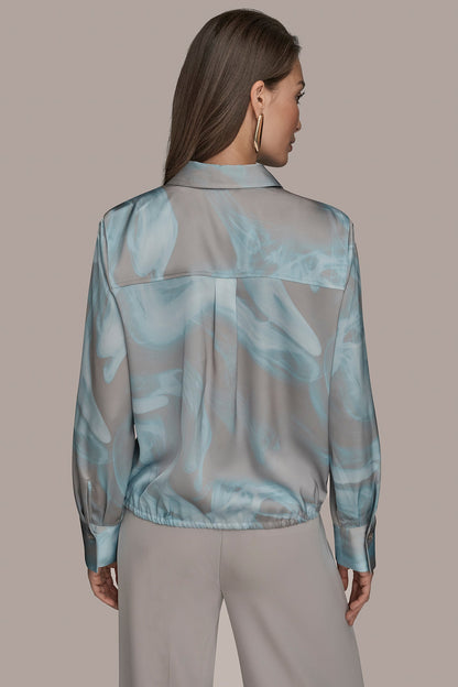 Donna Karan LONG-SLEEVE PRINTED DRAWSTRING BLOUSE