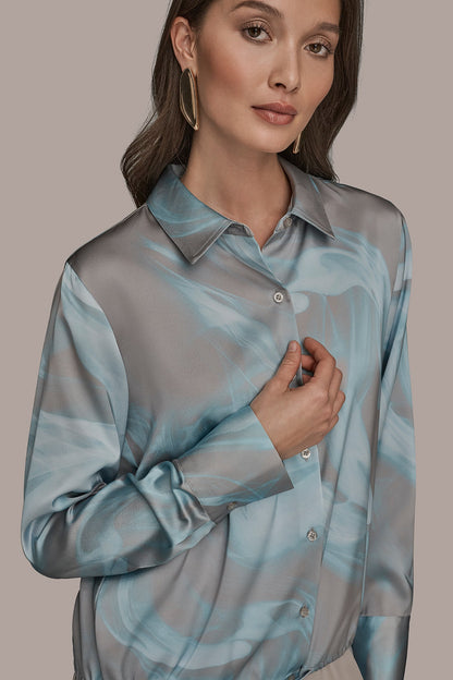 Donna Karan LONG-SLEEVE PRINTED DRAWSTRING BLOUSE