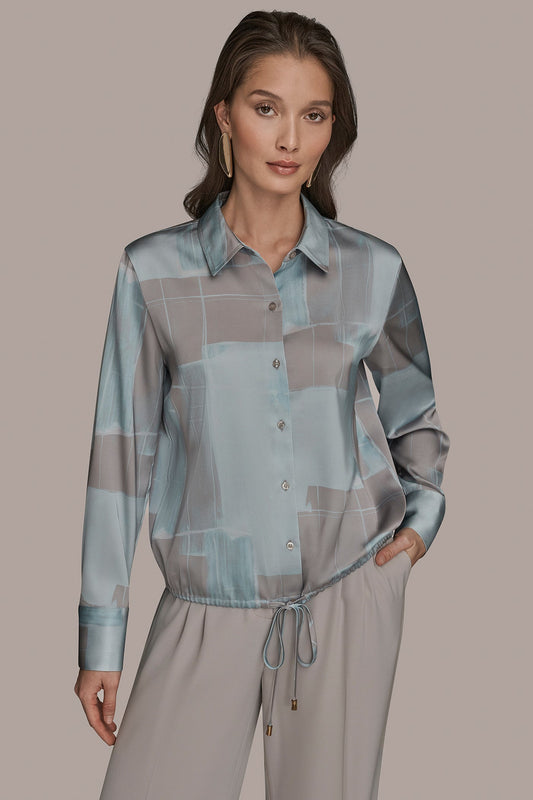 Donna Karan LONG-SLEEVE PRINTED DRAWSTRING BLOUSE