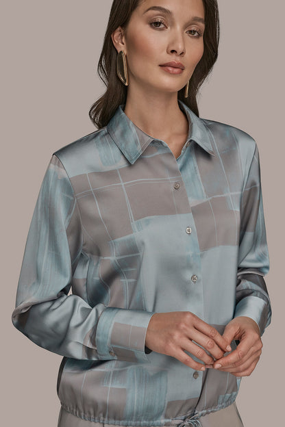Donna Karan LONG-SLEEVE PRINTED DRAWSTRING BLOUSE