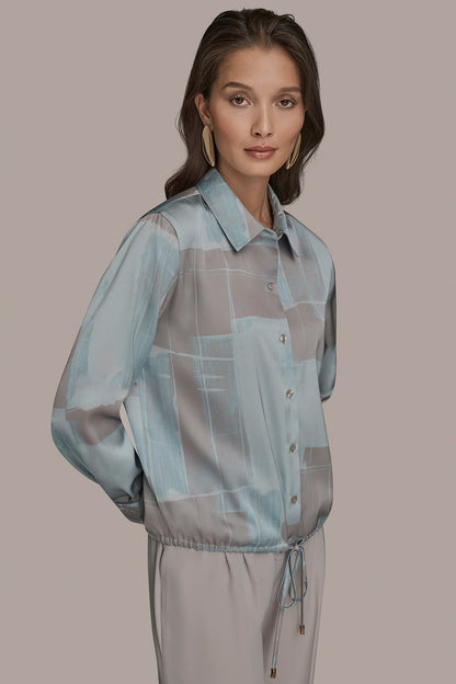 Donna Karan LONG-SLEEVE PRINTED DRAWSTRING BLOUSE