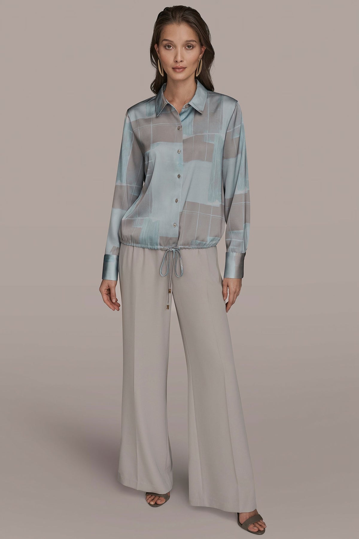 Donna Karan LONG-SLEEVE PRINTED DRAWSTRING BLOUSE
