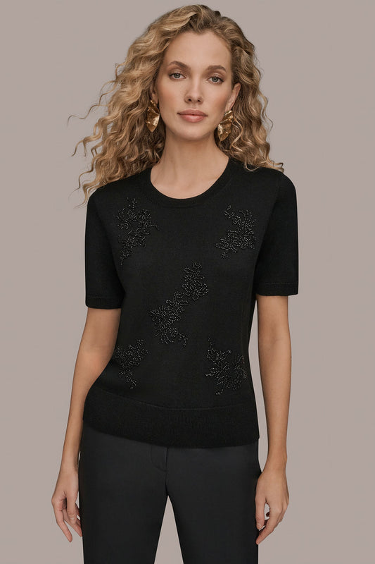 Donna Karan SHORT-SLEEVE FLORAL WOOL SWEATER