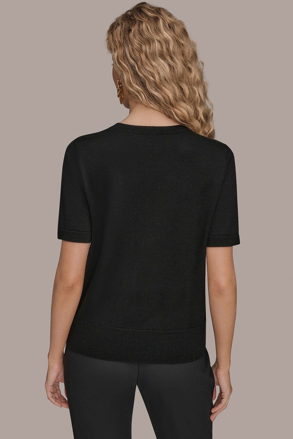 Donna Karan SHORT-SLEEVE FLORAL WOOL SWEATER