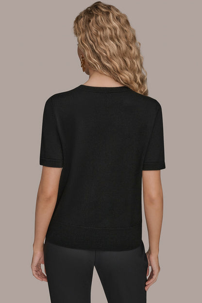 Donna Karan SHORT-SLEEVE FLORAL WOOL SWEATER