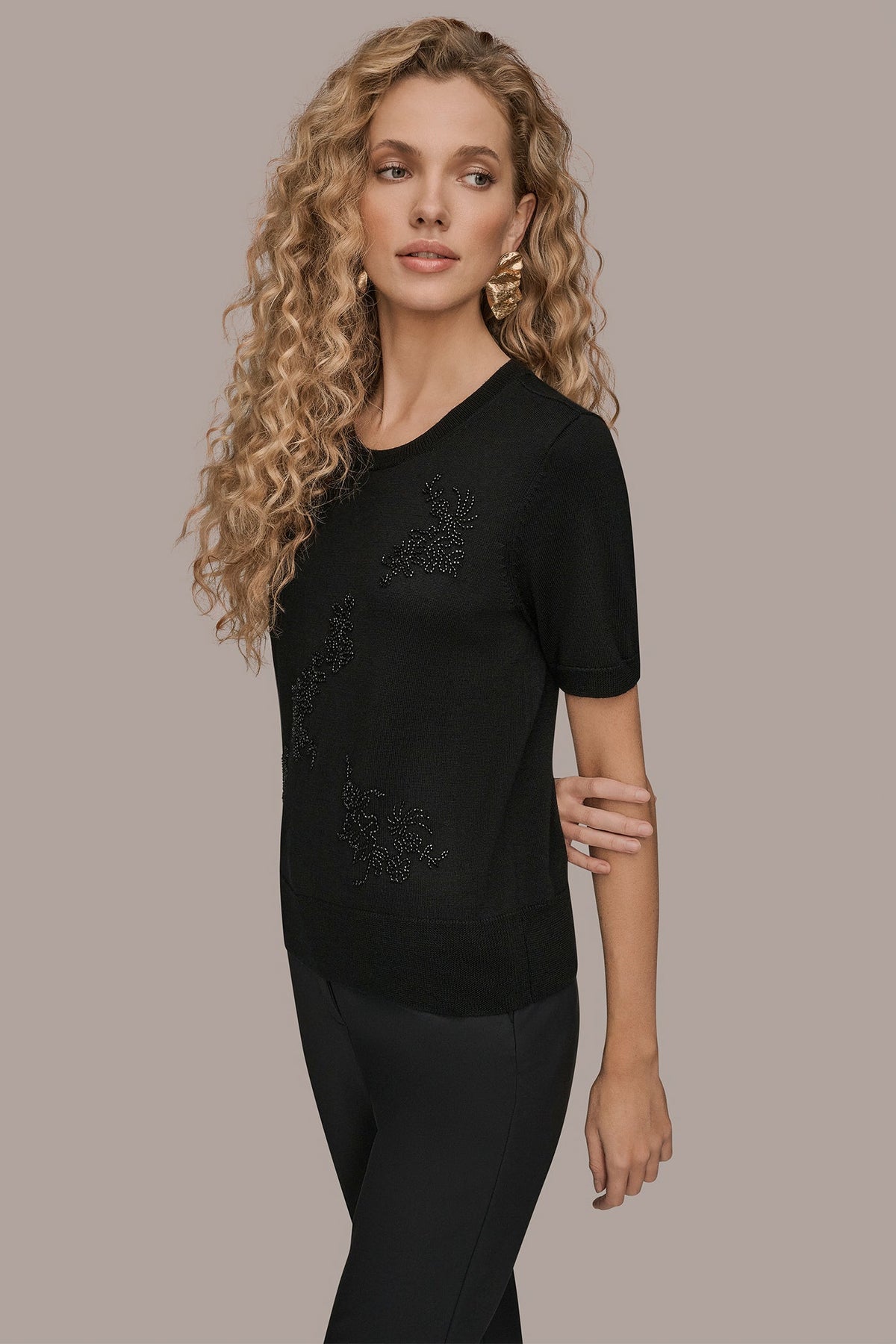Donna Karan SHORT-SLEEVE FLORAL WOOL SWEATER