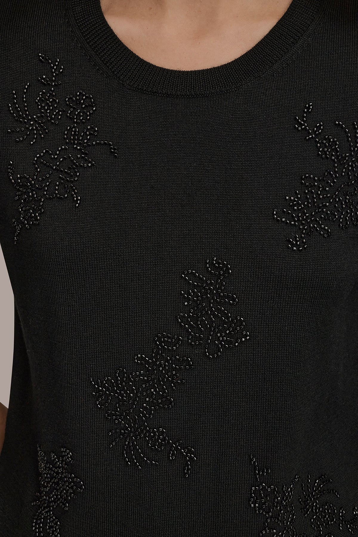 Donna Karan SHORT-SLEEVE FLORAL WOOL SWEATER