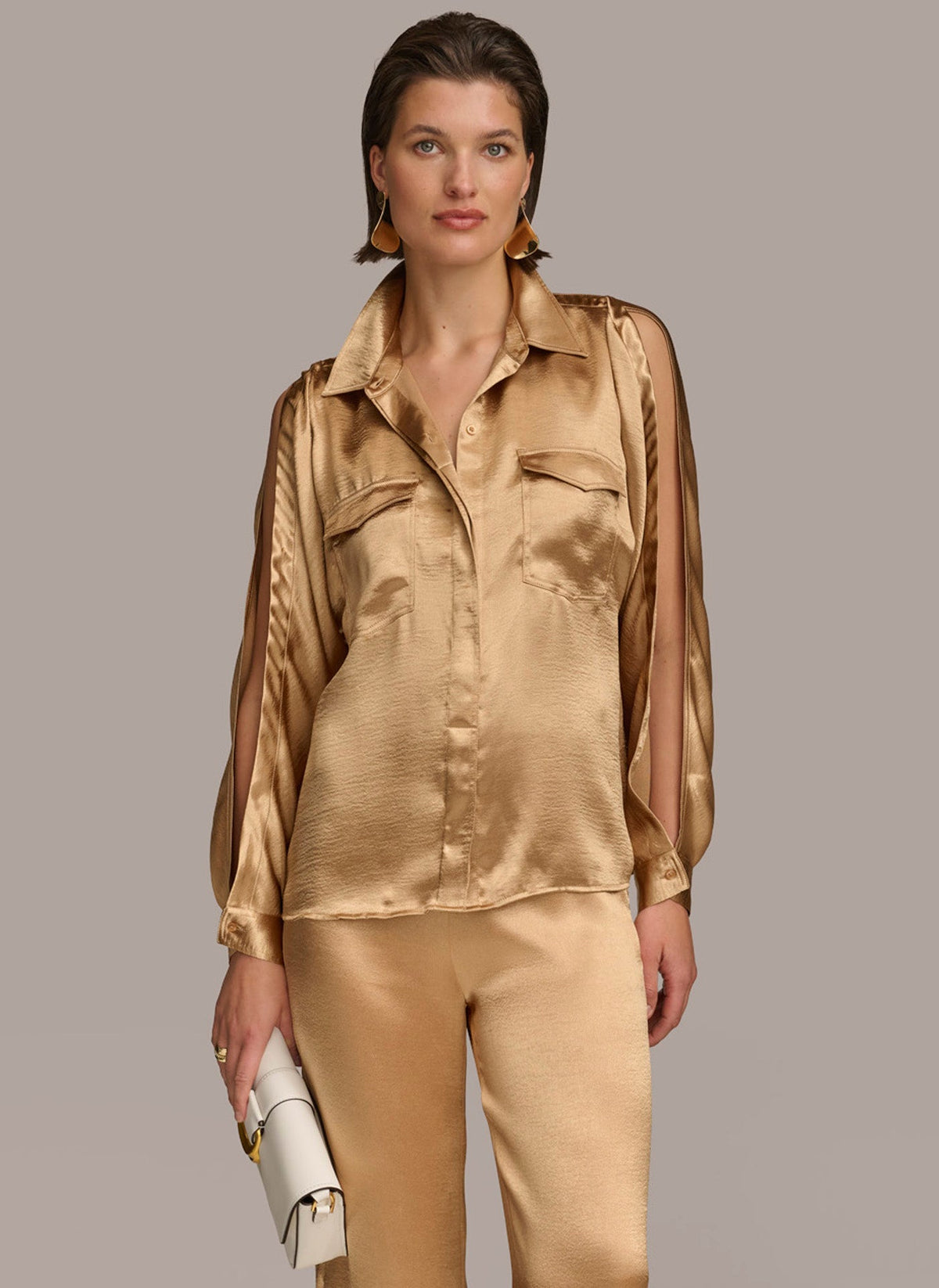 Donna Karan COLD SHOULDER COLLARED BUTTON DOWN