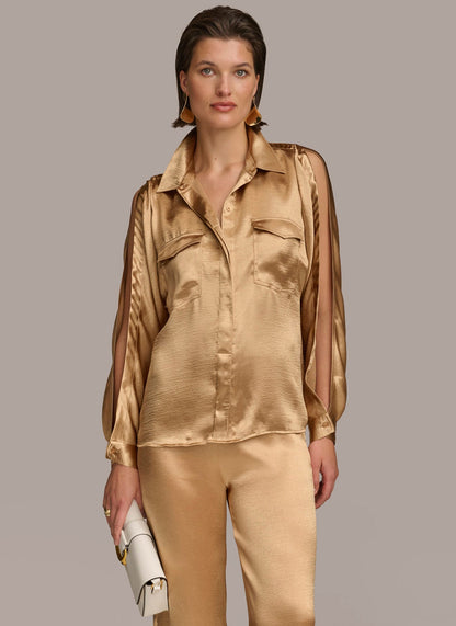Donna Karan COLD SHOULDER COLLARED BUTTON DOWN