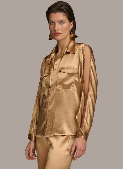 Donna Karan COLD SHOULDER COLLARED BUTTON DOWN