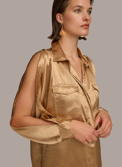 Donna Karan COLD SHOULDER COLLARED BUTTON DOWN