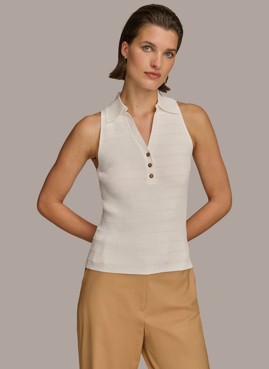 Donna Karan TEXTURE SWEATER WITH GOLD BUTTONS