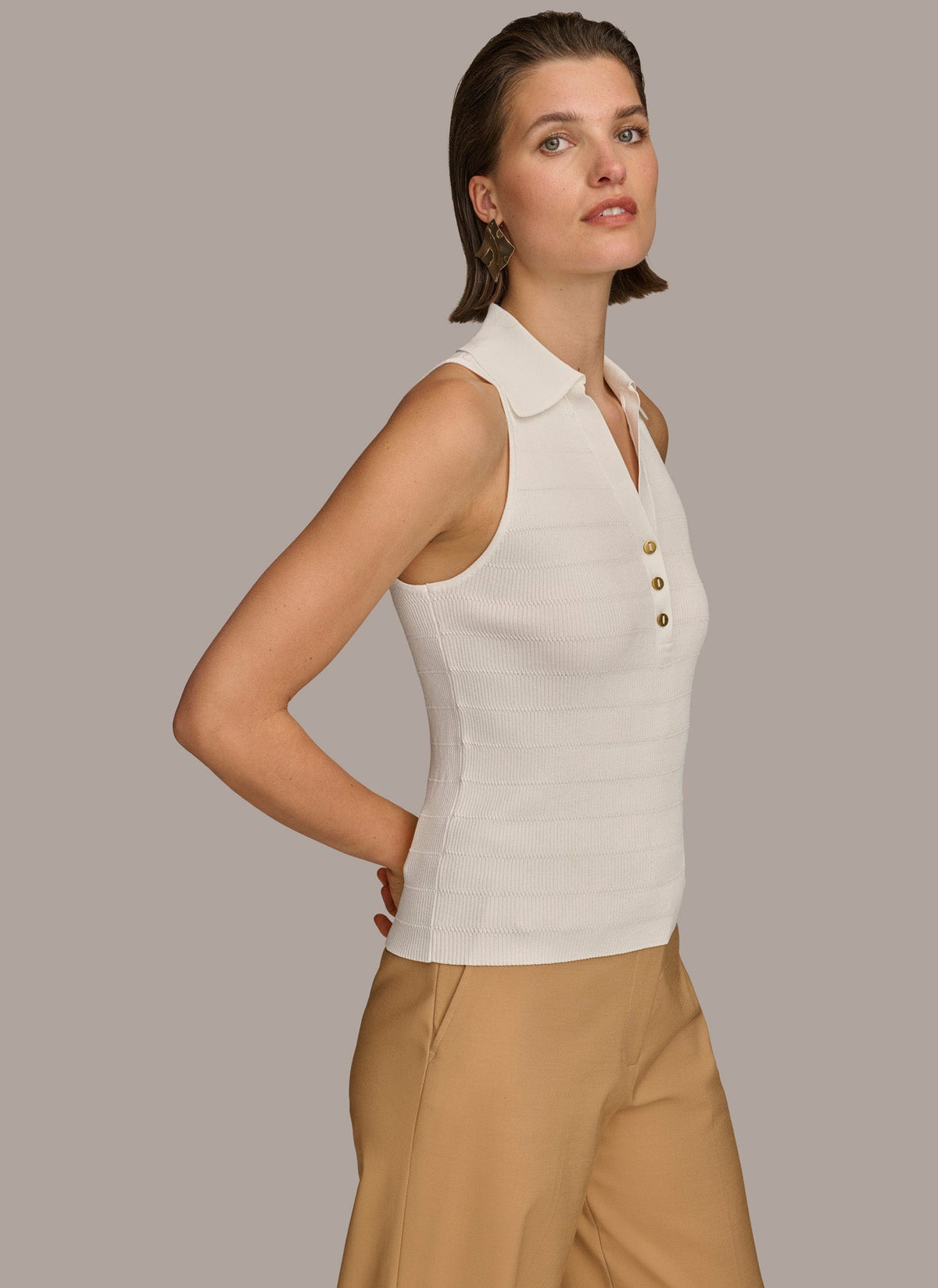 Donna Karan TEXTURE SWEATER WITH GOLD BUTTONS