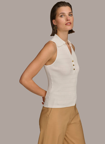 Donna Karan TEXTURE SWEATER WITH GOLD BUTTONS