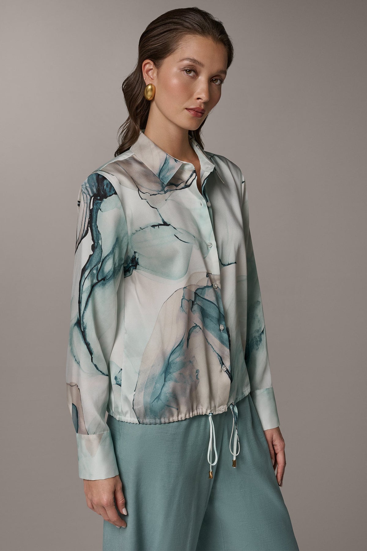 Donna Karan PRINTED DRAWSTRING HEM BLOUSE