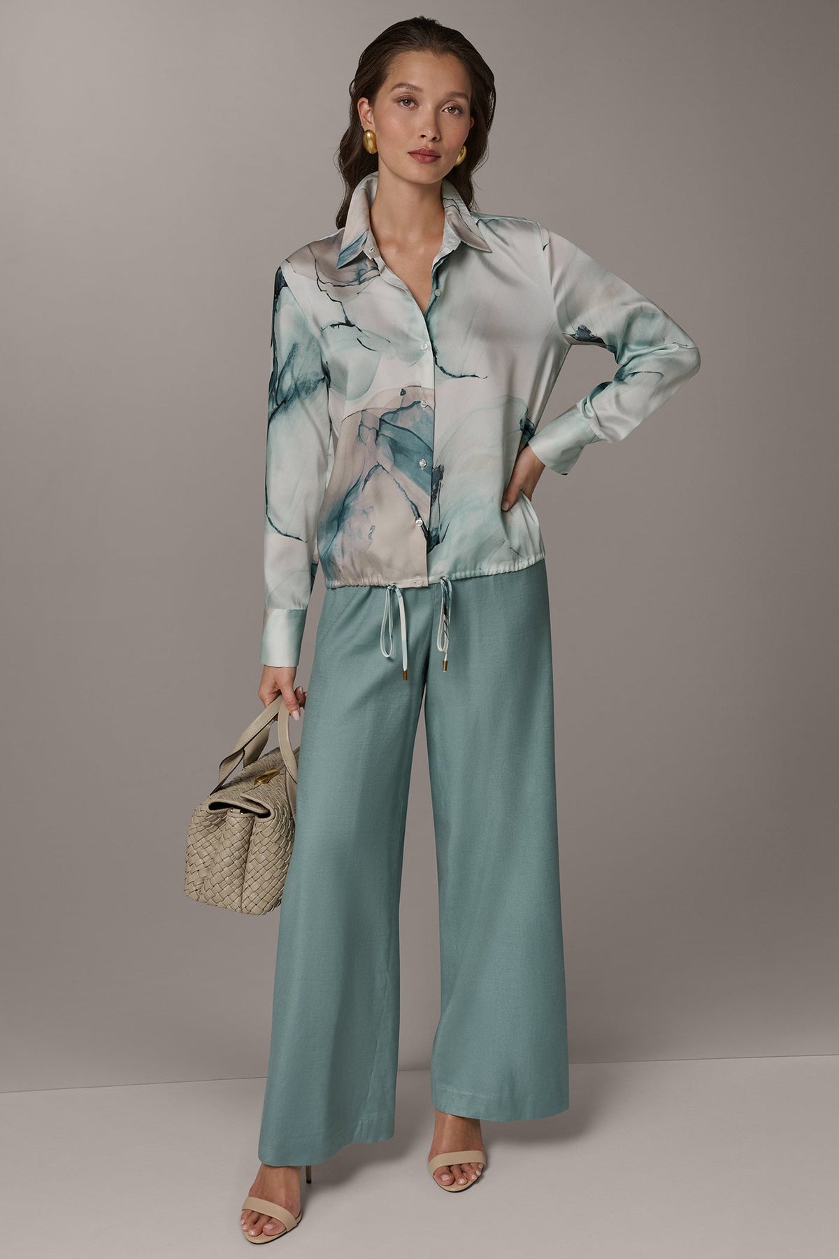 Donna Karan PRINTED DRAWSTRING HEM BLOUSE