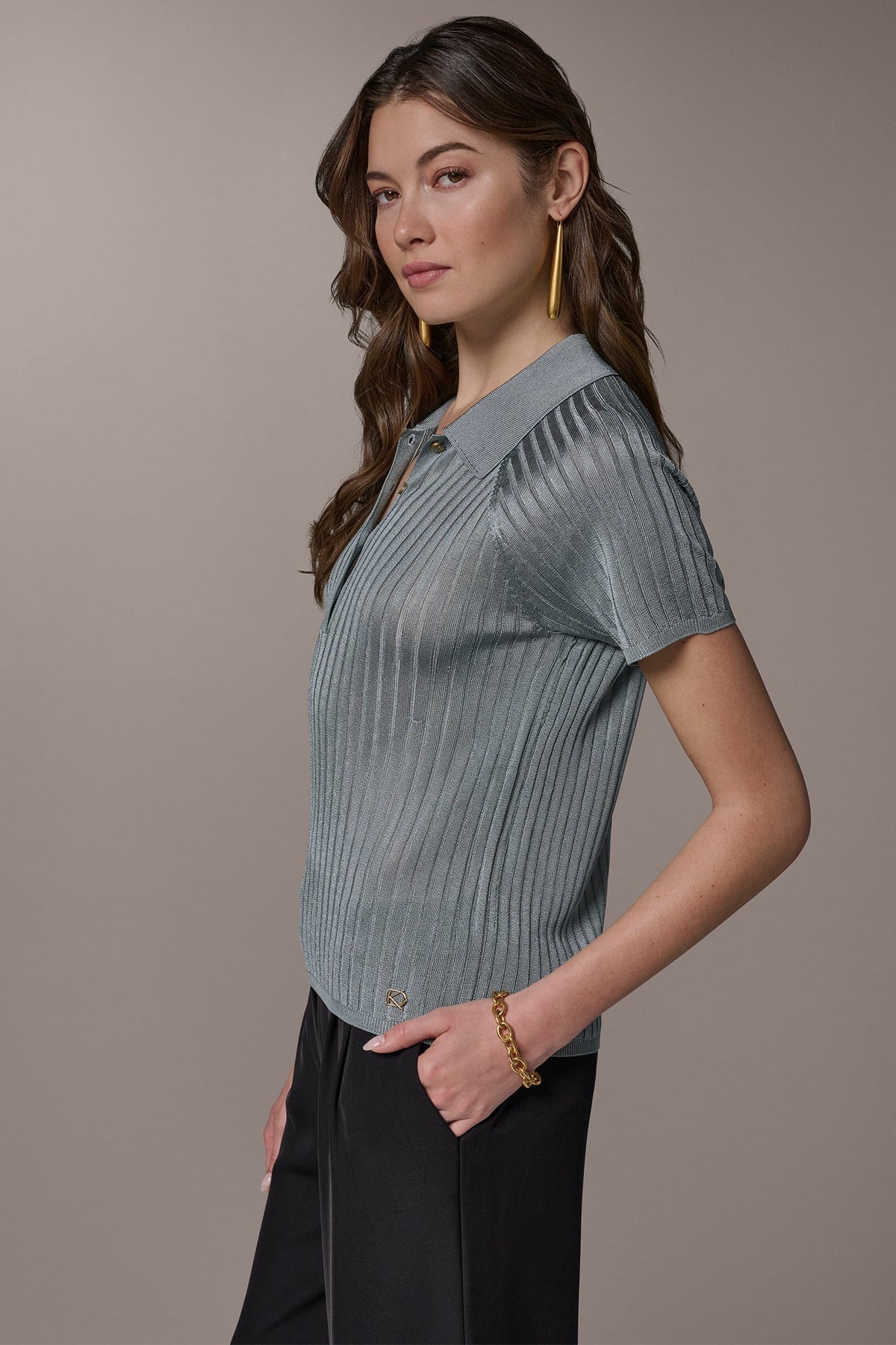 Donna Karan RIB-KNIT POLO SWEATER