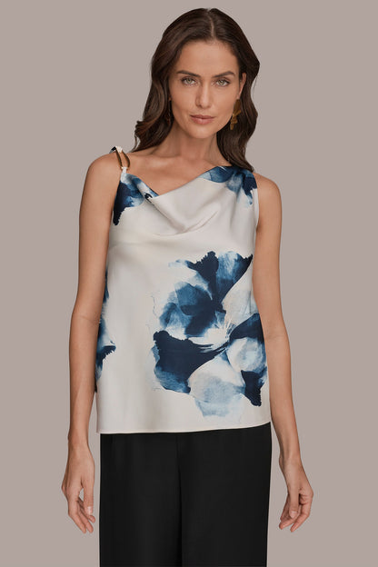 Donna Karan SATIN FLORAL COWL-NECK CUTOUT SHOULDER CAMI