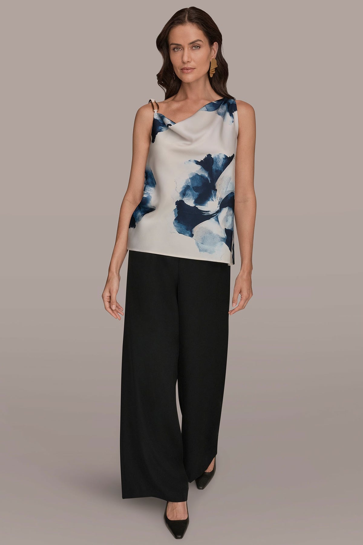 Donna Karan SATIN FLORAL COWL-NECK CUTOUT SHOULDER CAMI