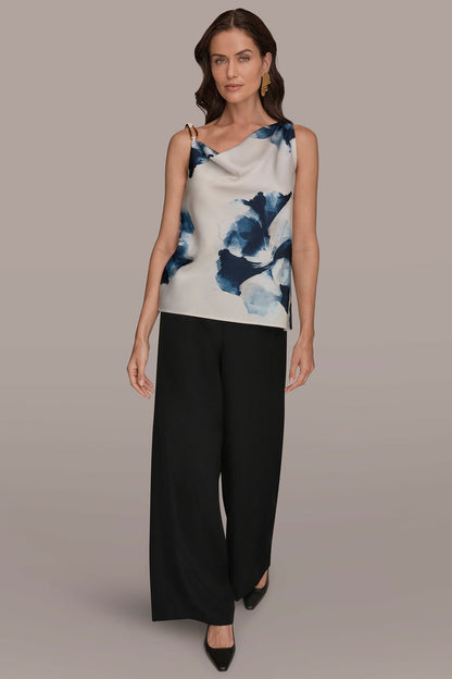 Donna Karan SATIN FLORAL COWL-NECK CUTOUT SHOULDER CAMI