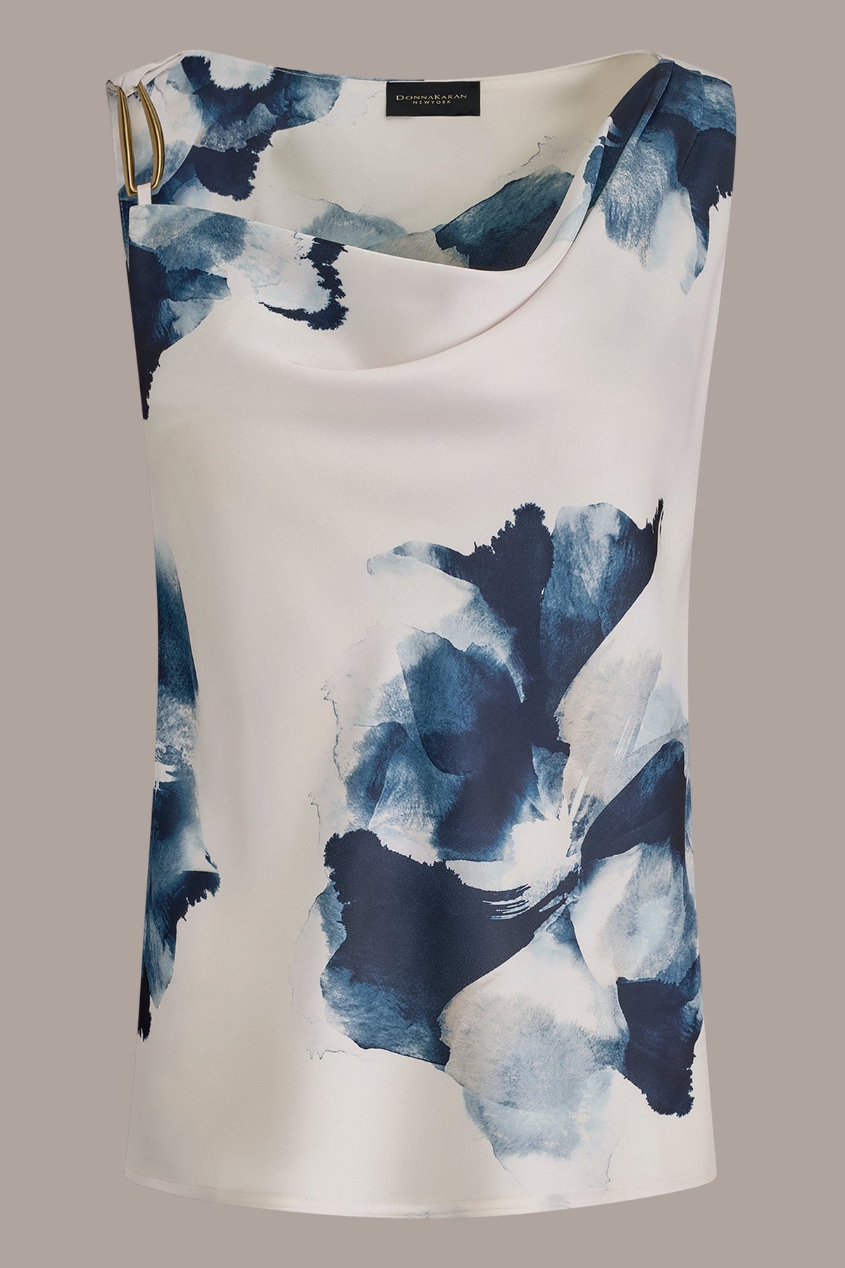 Donna Karan SATIN FLORAL COWL-NECK CUTOUT SHOULDER CAMI