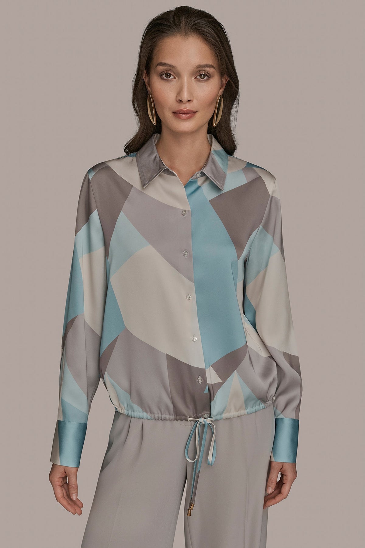 Donna Karan LONG-SLEEVE PRINTED DRAWSTRING BLOUSE