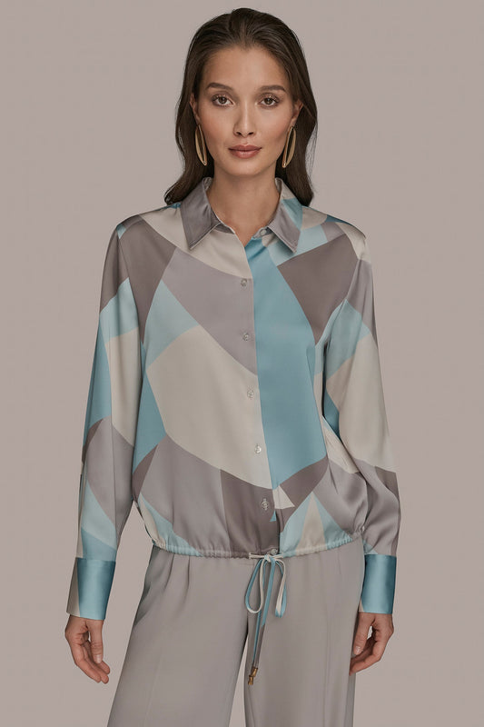 Donna Karan LONG-SLEEVE PRINTED DRAWSTRING BLOUSE