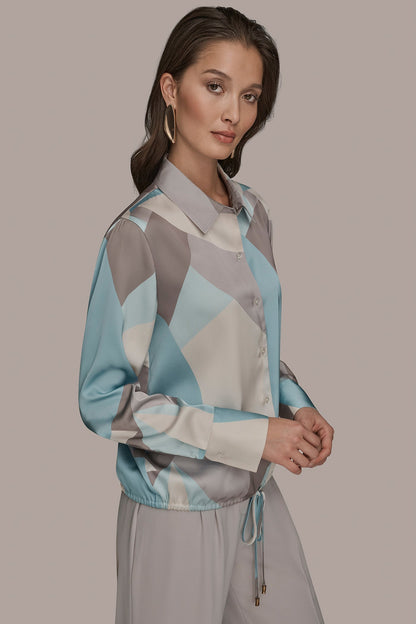 Donna Karan LONG-SLEEVE PRINTED DRAWSTRING BLOUSE