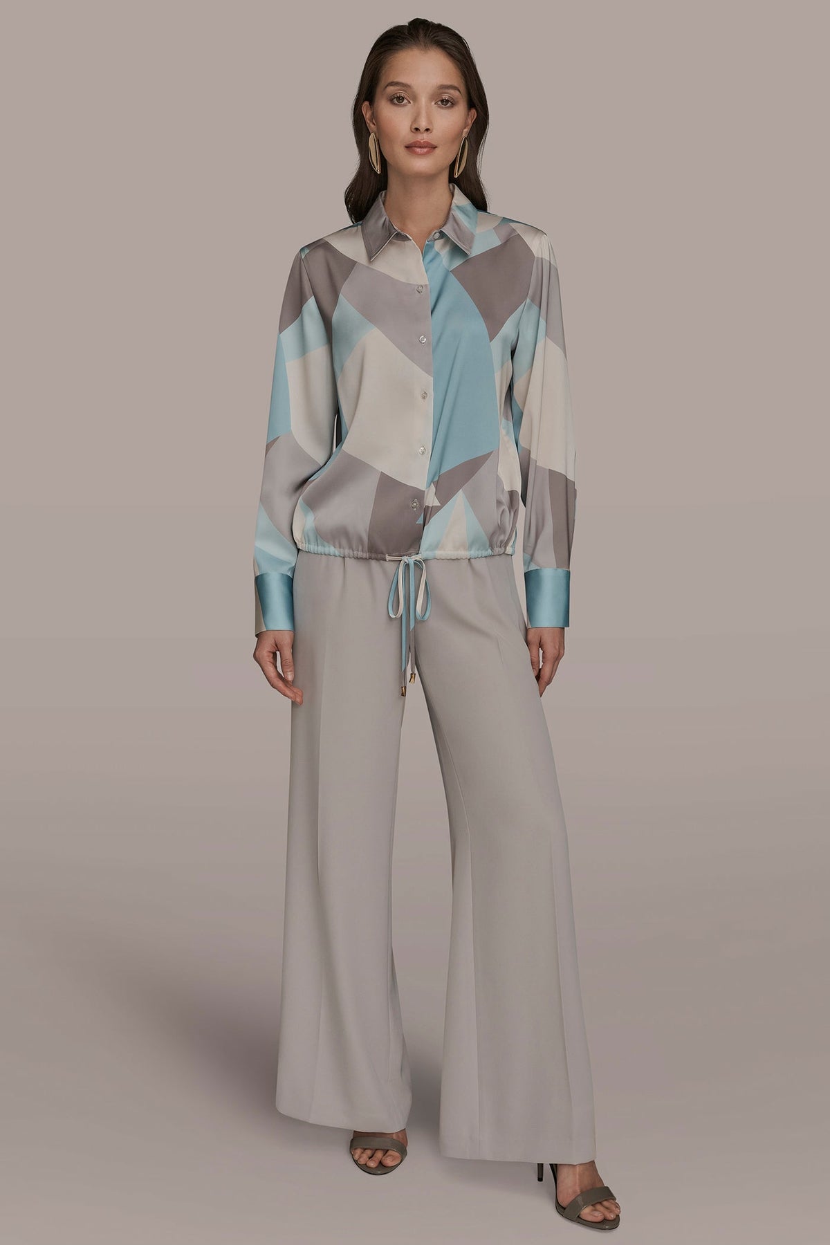 Donna Karan LONG-SLEEVE PRINTED DRAWSTRING BLOUSE