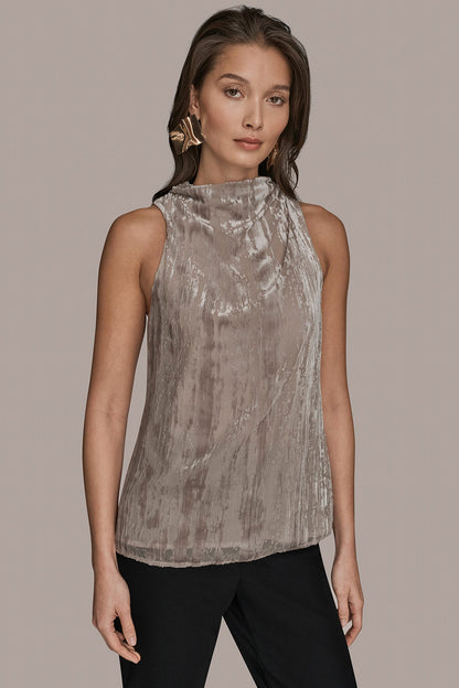 Donna Karan SLEEVELESS HIGH-NECK BURNOUT BLOUSE