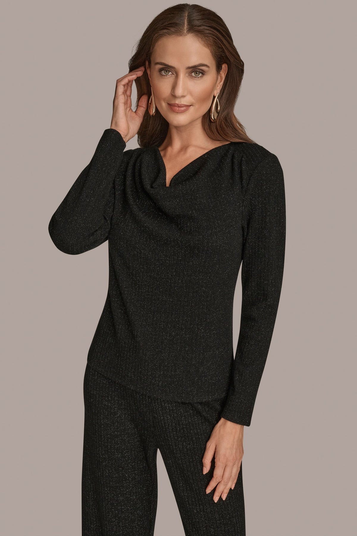 Donna Karan METALLIC COWL-NECK RIB-KNIT BLOUSE