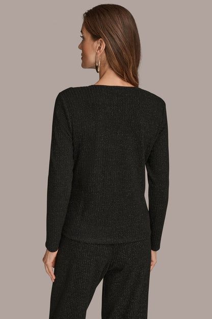 Donna Karan METALLIC COWL-NECK RIB-KNIT BLOUSE