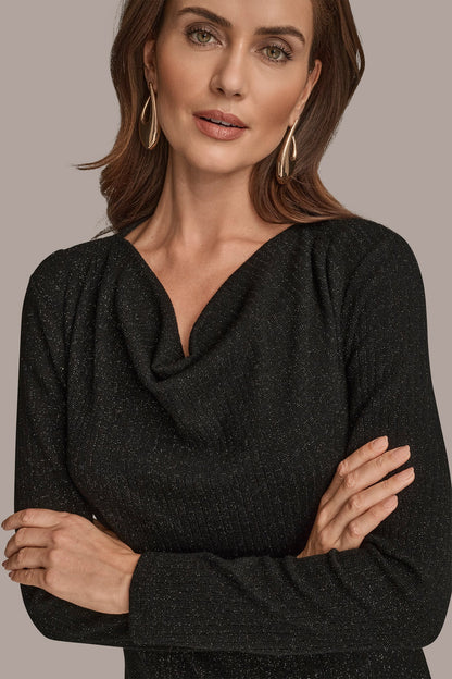 Donna Karan METALLIC COWL-NECK RIB-KNIT BLOUSE