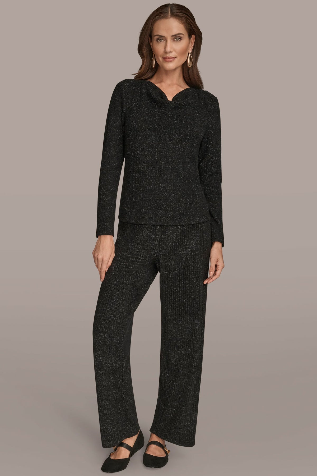 Donna Karan METALLIC COWL-NECK RIB-KNIT BLOUSE