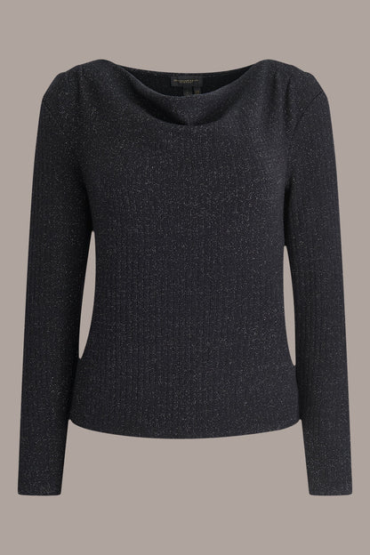 Donna Karan METALLIC COWL-NECK RIB-KNIT BLOUSE
