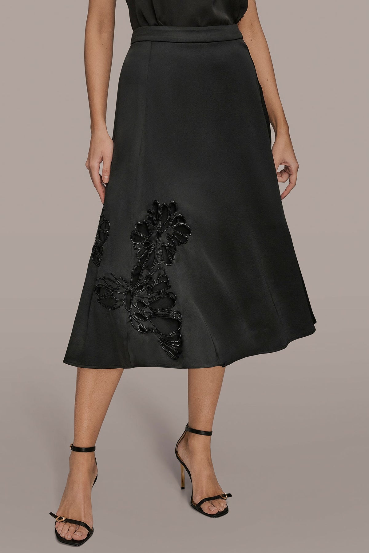 Donna Karan FLORAL-SEQUINED SATIN MIDI SKIRT