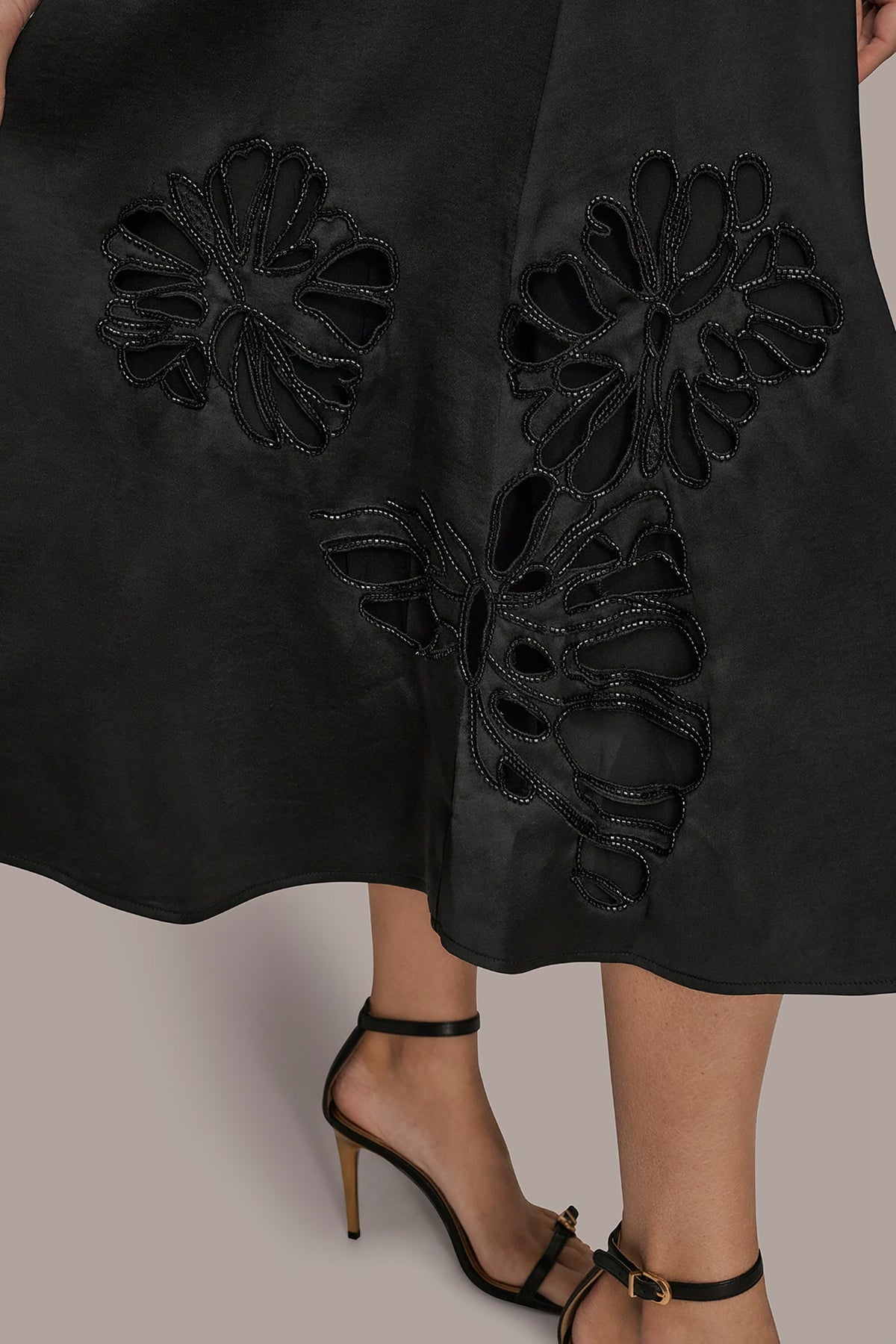 Donna Karan FLORAL-SEQUINED SATIN MIDI SKIRT