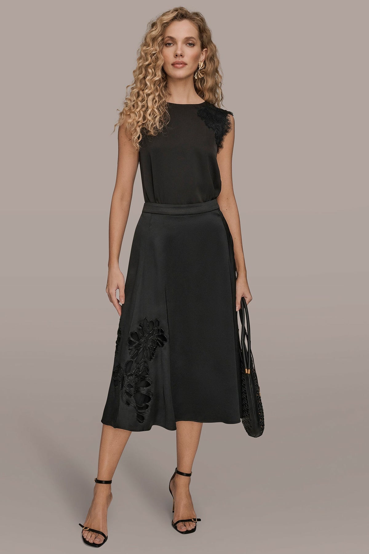 Donna Karan FLORAL-SEQUINED SATIN MIDI SKIRT