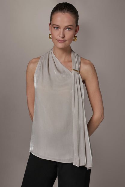 Donna Karan METALLIC ASYMMETRIC SCARF HALTER BLOUSE