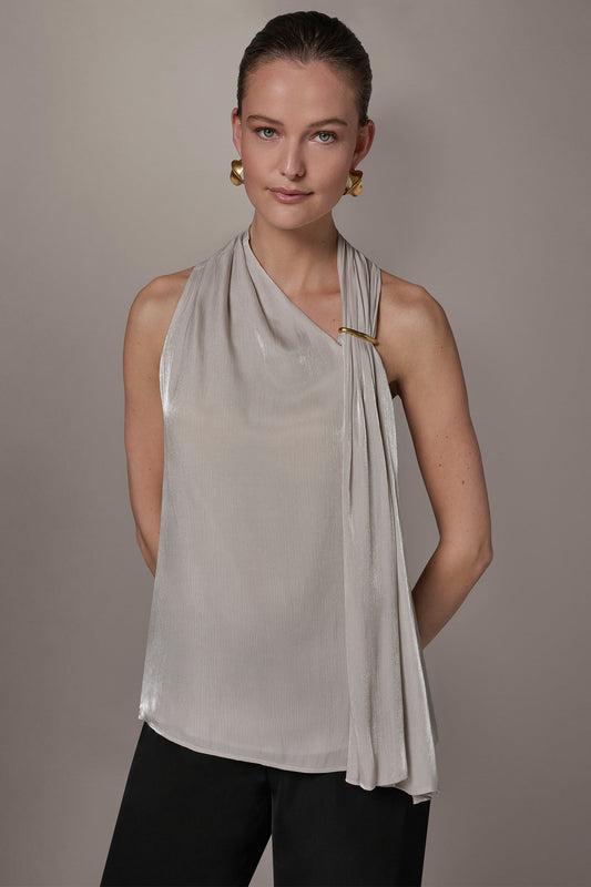 Donna Karan METALLIC ASYMMETRIC SCARF HALTER BLOUSE
