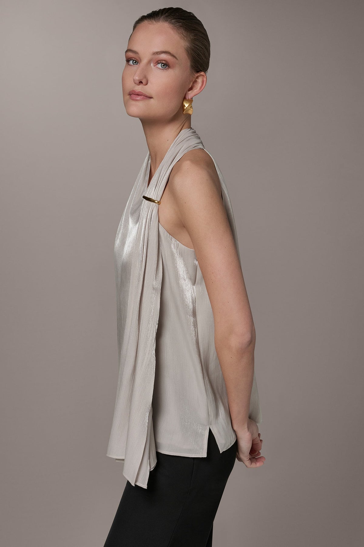 Donna Karan METALLIC ASYMMETRIC SCARF HALTER BLOUSE