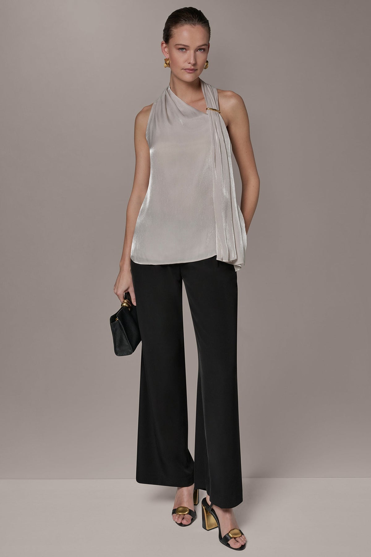 Donna Karan METALLIC ASYMMETRIC SCARF HALTER BLOUSE
