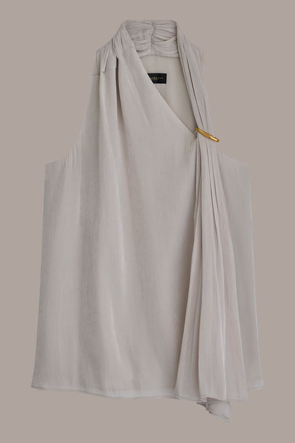 Donna Karan METALLIC ASYMMETRIC SCARF HALTER BLOUSE