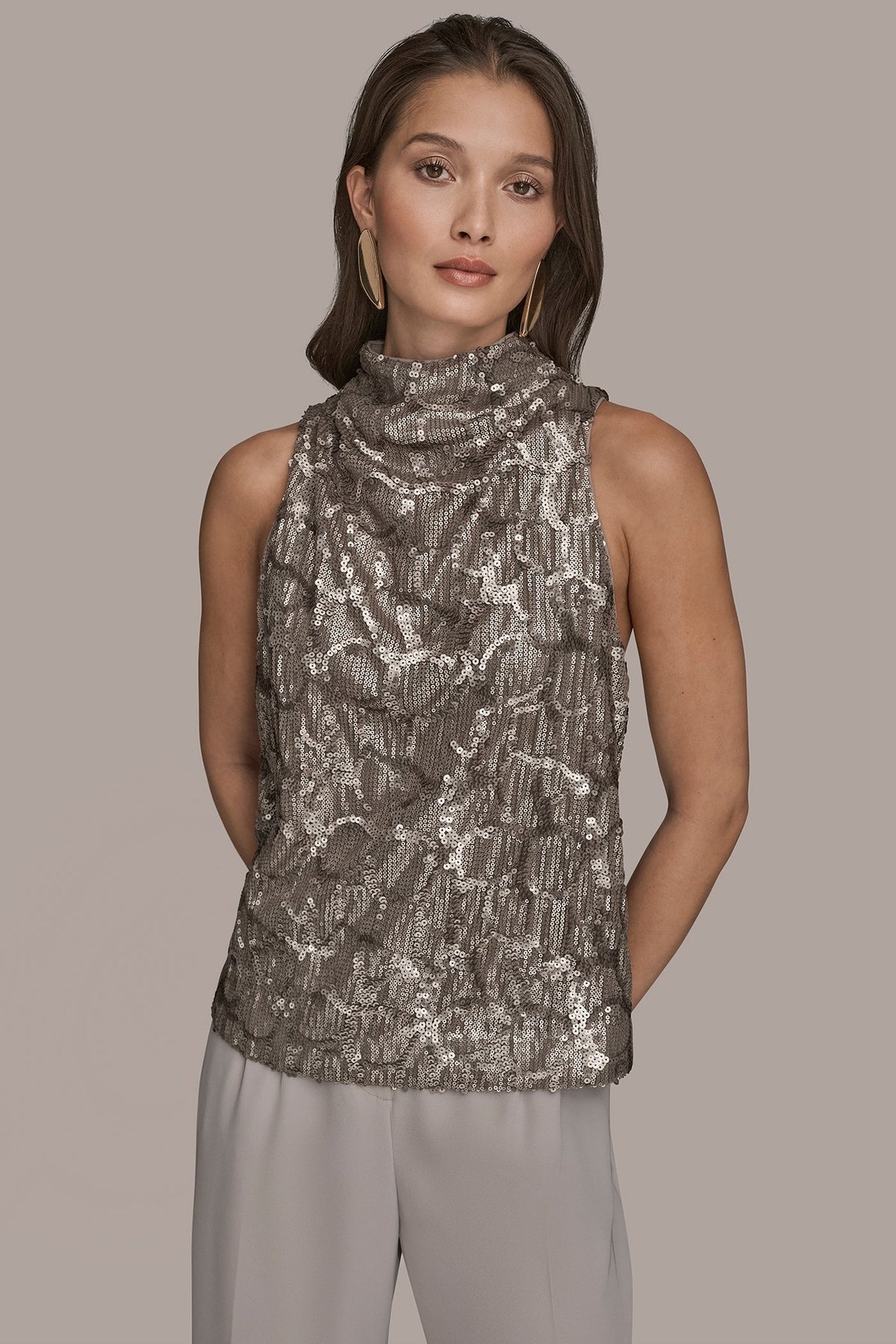 Donna Karan SLEEVELESS HIGH COWL-NECK SEQUIN TOP
